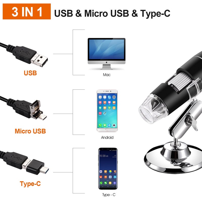 Bysameyee USB Microscope for Android/PC, 40-1000X Magnification Digital Microscope Camera Endoscope with 8 Adjustable LED Lights (Not Compatible with iPhone/iPad) - Image 2